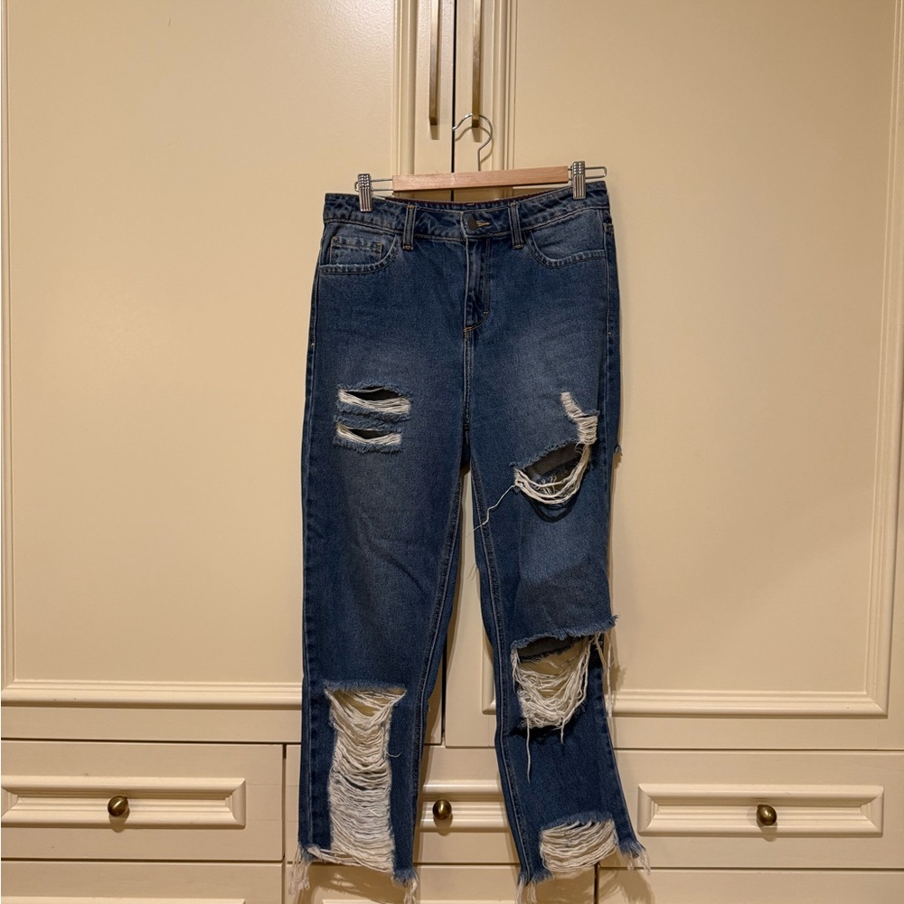 Fashion Nova Dark Wash Distressed Blue Jeans, women’s size 25